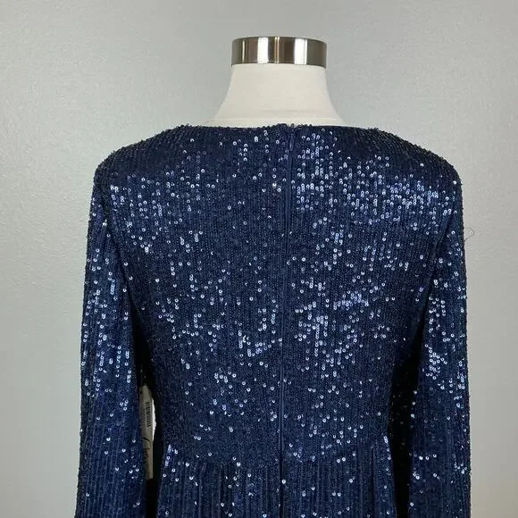 Eliza J Sequined Long Sleeve A-Line V-Neck Mini Cocktail Dress Navy Blue Size 8 - Picture 9 of 13
